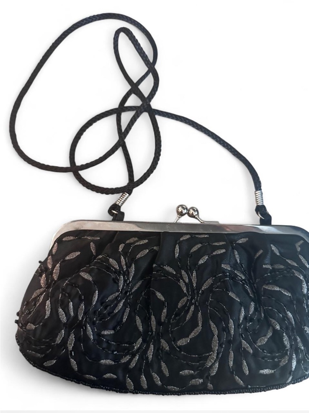 Vintage Black Satin Beaded Evening Clutch; Optional Strap for Shoulder Bag